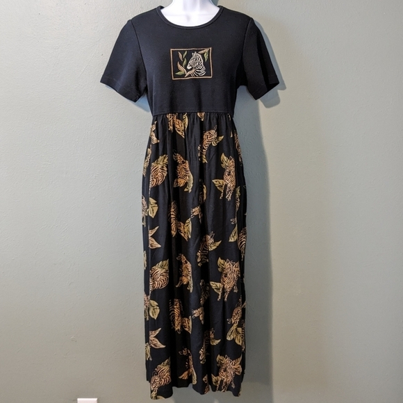 Vintage Dresses & Skirts - Vintage 90's Zebra Print Embroidered Maxi Dress Size M